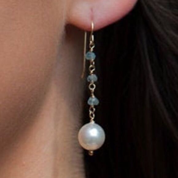 Artisan 14k Gold Aquamarine Pearl dangle earrings - Picture 1 of 7